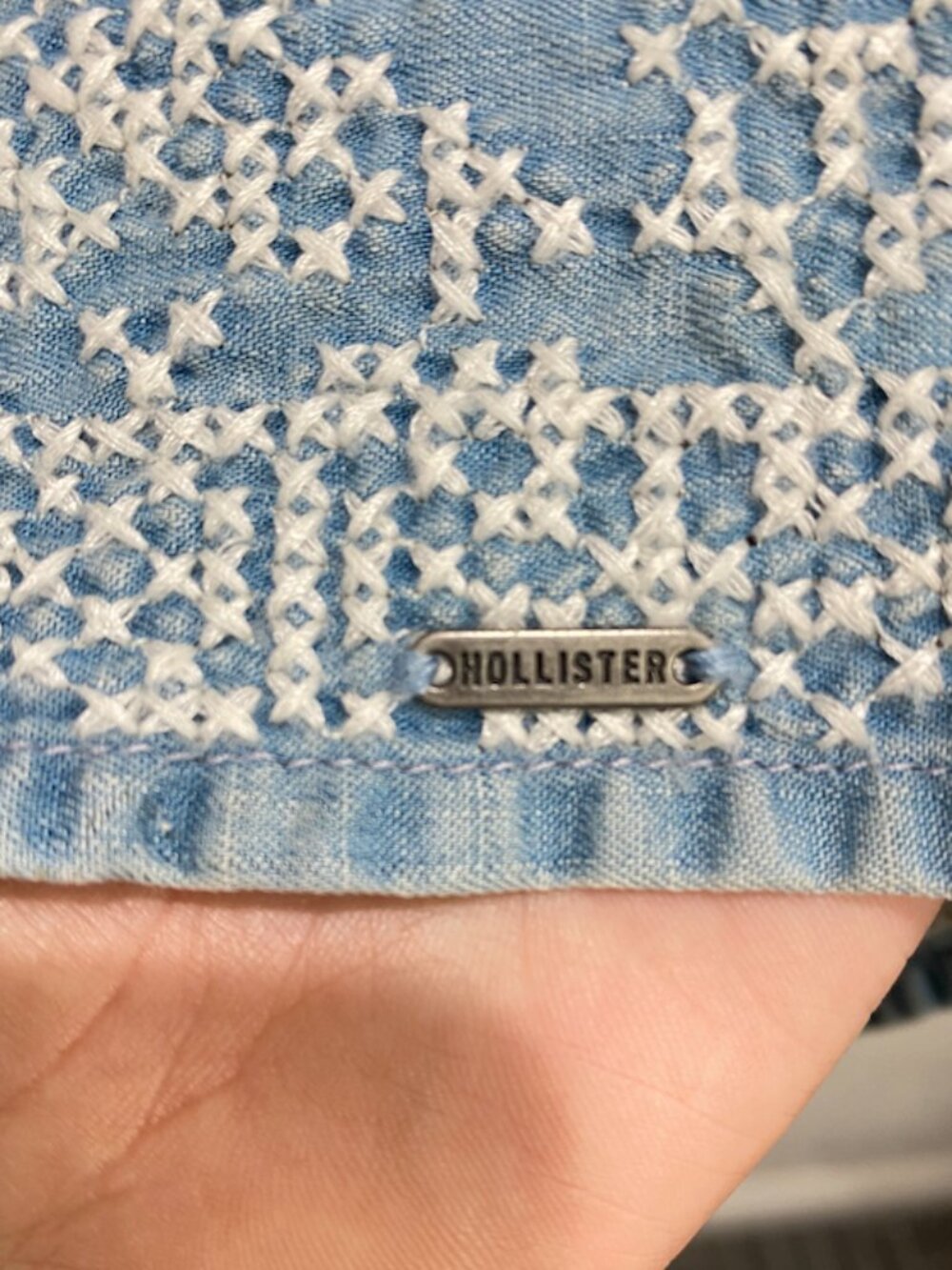 Hollister Embroidered Mini Dress Cut Out Smocked Chambray Blue Medium - Picture 8 of 10